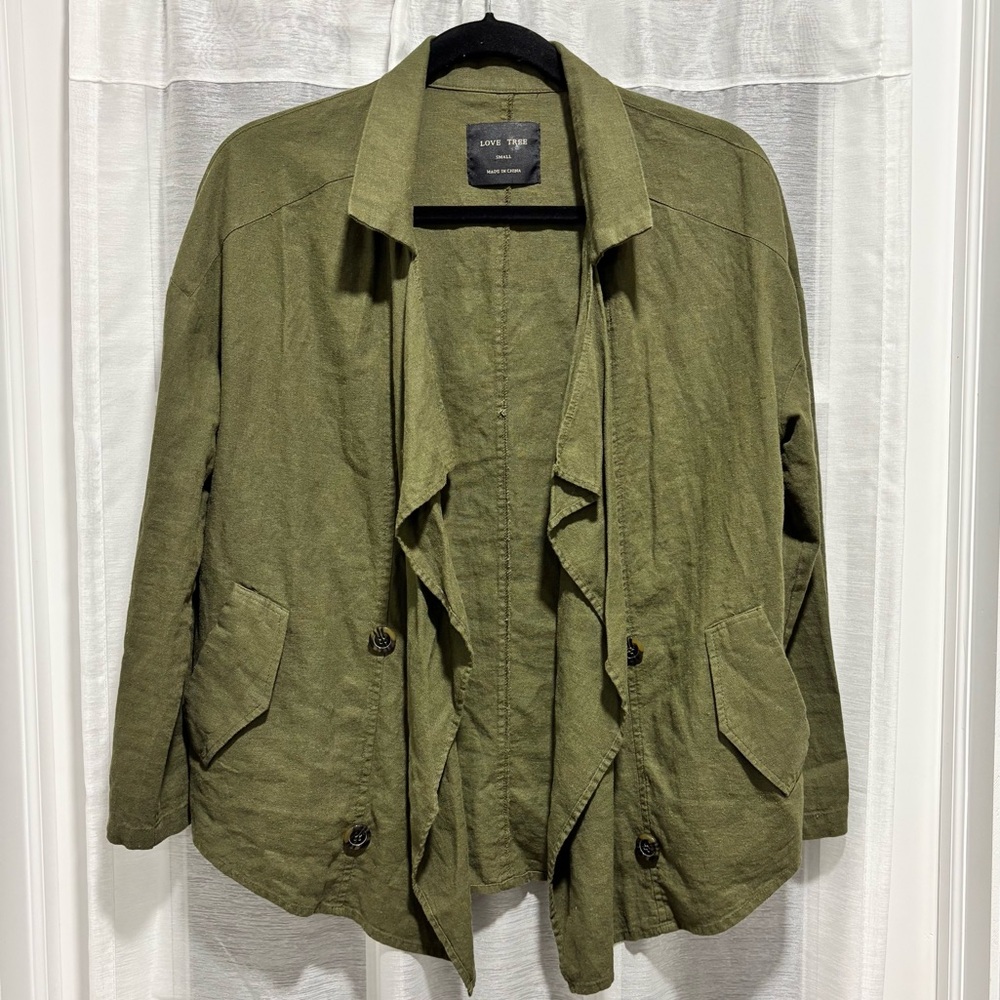 Love Tree Linen Blend Blazer Jacket Open Drape Olive Roll Tab Sleeve Small